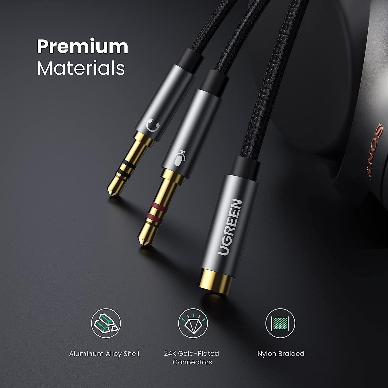 Ugreen 3.5mm Male to 2 Female Audio Cable 20cm Black (UG- 70683) - Ivonix