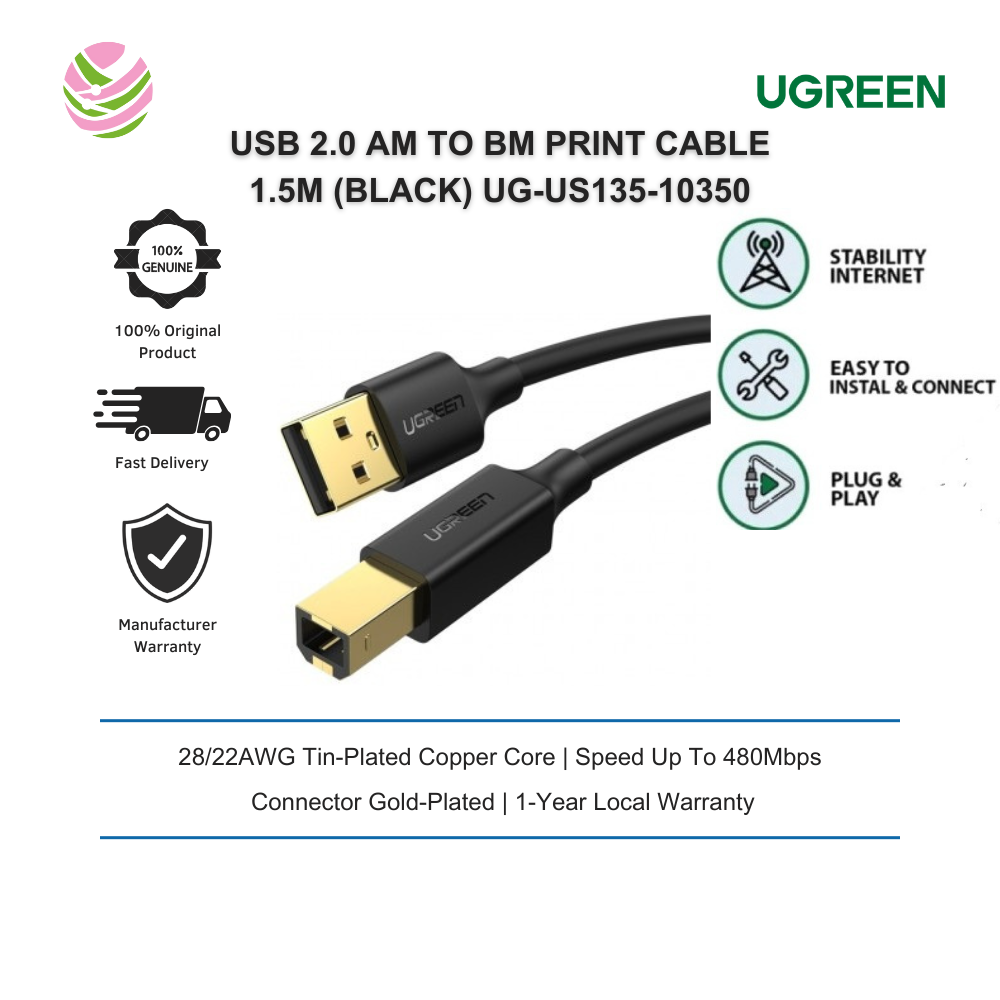Ugreen USB 2.0 AM to BM Print Cable 1.5m Black (UG- 10350) - Ivonix Ugreen USB 2.0 AM to BM Print Cable 1.5m Black (UG- 10350)