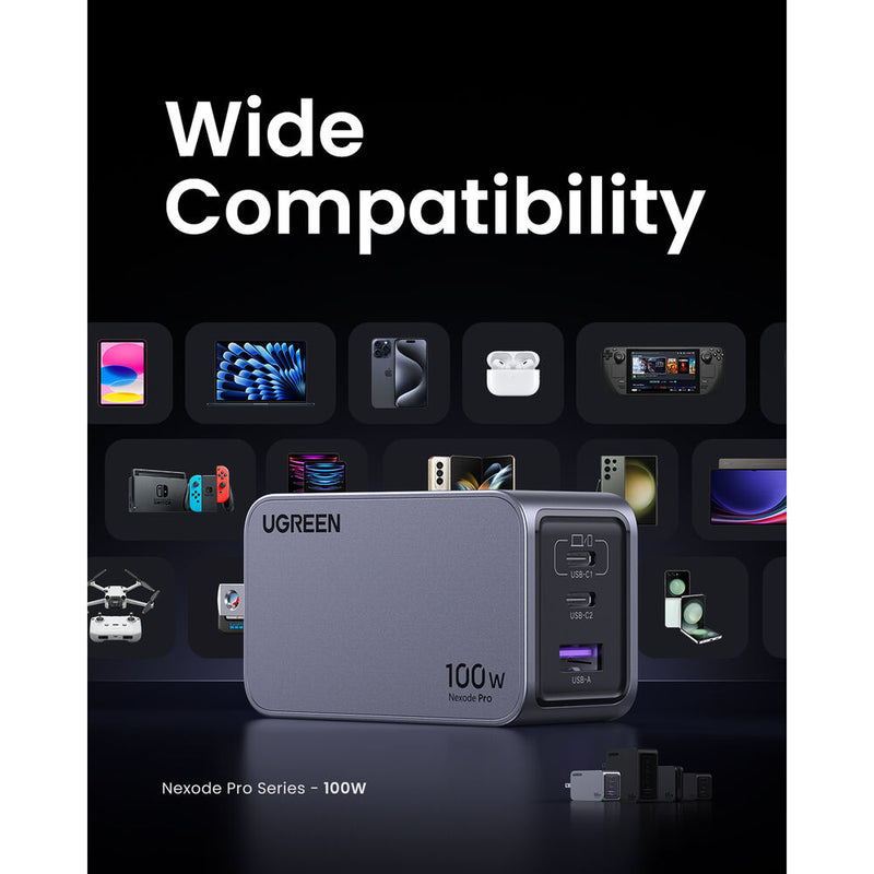 Ugreen Nexode Pro 100W 3-Port GaN Fast Charger UK Grey+1.5M 100W Cable (UG-25875) a - Ivonix