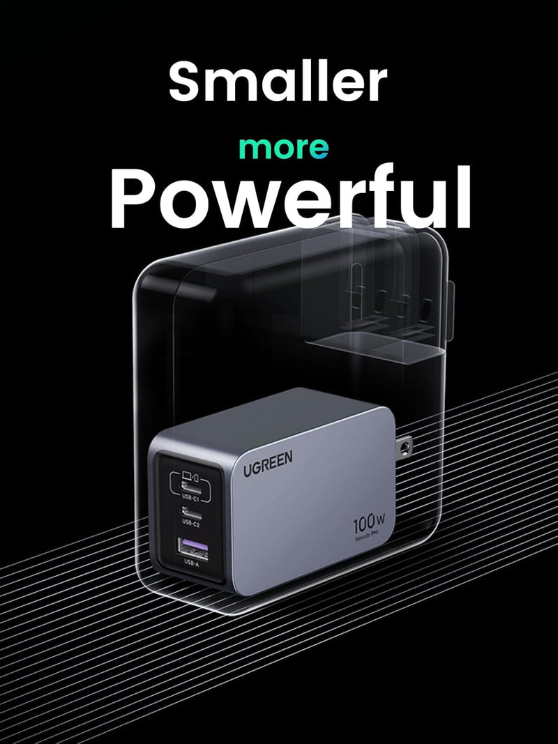 Ugreen Nexode Pro 100W 3-Port GaN Fast Charger UK Grey+1.5M 100W Cable (UG-25875) - Ivonix