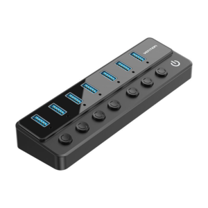 Vention 7-Port USB 3.0 Hub with Individual Power Switches and DC Power Adapter (CHXB0-EU) — 5Gbps USB 3.0, per-port on/off switches, and a 12V/2A power adapter for powered peripherals.