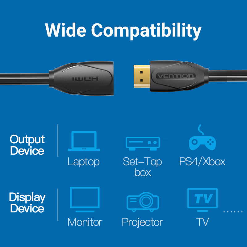 Vention HDMI Extension Cable 1M Black, VAA-B06-B100 a - Ivonix Vention HDMI Extension Cable 1M Black (VAA-B06-B100) — HDMI 2.0 male-to-female extension, 4K UHD support, dual-layer shielding, and gold-plated connectors.