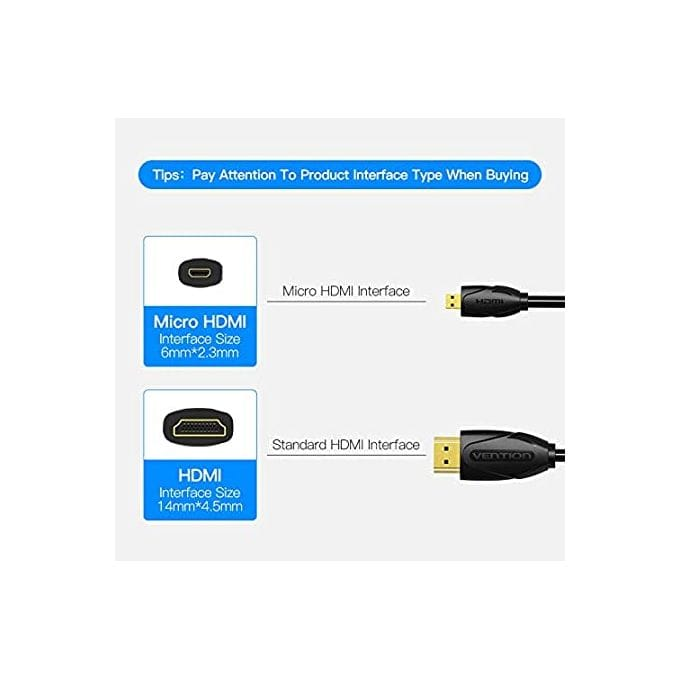 Vention Micro HDMI Cable 2M Black (VAA-D03-B200) — HDMI 2.0 with 4K UHD support, connecting a standard HDMI port to a Micro HDMI device via gold-plated, shielded connectors. - Ivonix Vention Micro HDMI Cable 2M Black (VAA-D03-B200) — HDMI 2.0 with 4K UHD support, connecting a standard HDMI port to a Micro HDMI device via gold-plated, shielded connectors.