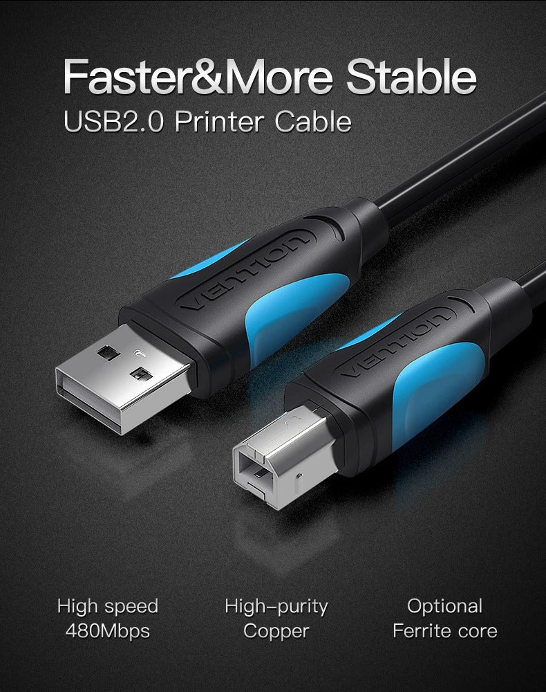 Vention USB 2.0 A Male to B Male Printer Cable with 2 Ferrite Cores 5M Black, VAS-A16-B500 - Ivonix