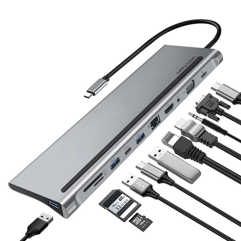 Vention 11 in 1 Multi-function Docking Station (HDMI/VGA/USB-C/RJ45/SD/TF/Audio/PD) 0.25m Gray – THTHC