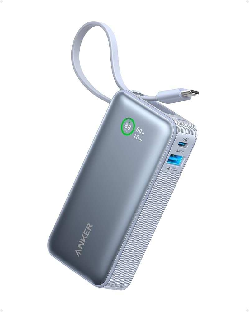 Anker Power Bank (10K, 30W, Built-in USB-C Cable) Blue