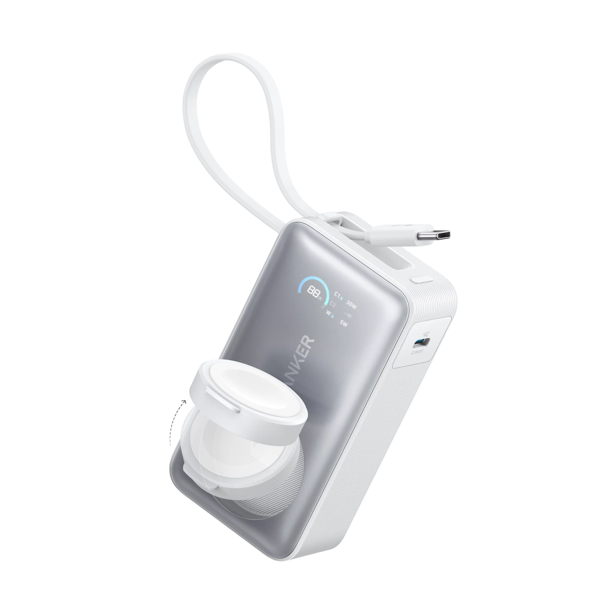 Anker MagGo Power Bank (10K, 30W, Built-in USB-C Cable, Made for Apple Watch) White
