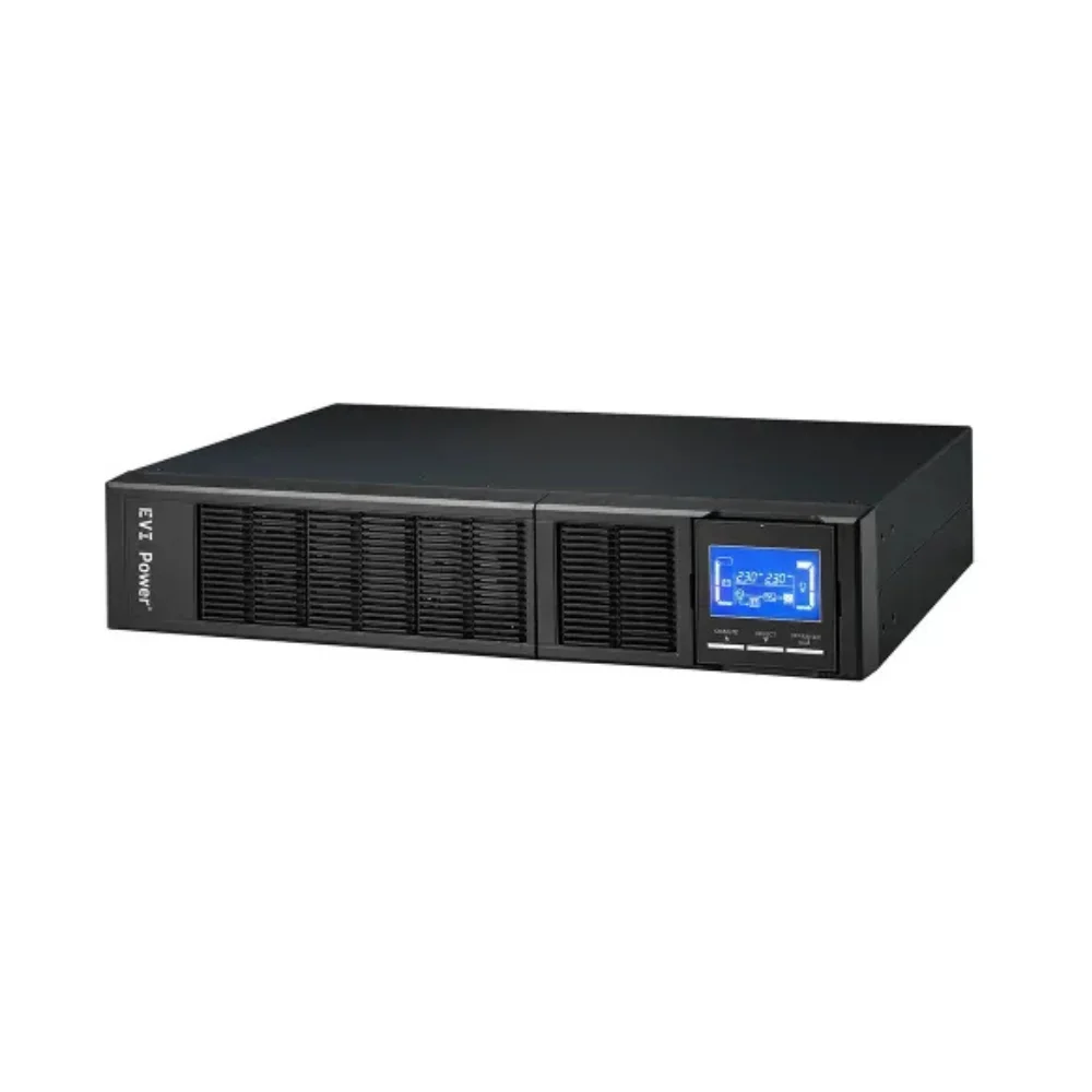 EVI 2000VA / 1800W Rack Mount Online Single Phase UPS – Online double conversion, Wide input voltage range (110 – 300 Vac), Input power factor: 0.99 (With PFC), Output power factor: 1.0, Optional charging current either 1A or 2A, (2A charging current for two groups of installed batteries), 50 Hz / 60 Hz frequency converter mode, Emergency power off function (EPO), ECO mode support, Generator compatible, Communication ports: USB, RS232, Optional: SNMP card, Smart battery charging design for optimized battery performance, Supports lithium batteries and BMS, Selectable output voltage: 200, 208, 220, 230, 240 Vac, Low priority load disconnection function, Rotating LCD Display, 8 IEC C13 Outlets, 2 Year Warranty (1 Year on battery) – EP-UPS2000UC13OR