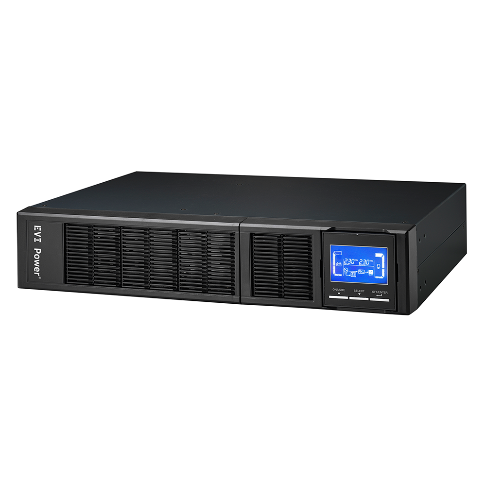 EVI 3000VA / 2700W Rack Mount Online Single Phase UPS – Online double conversion, Wide input voltage range (110 – 300 Vac), Input power factor: 0.99 (With PFC), Output power factor: 1.0, Optional charging current either 1A or 2A, (2A charging current for two groups of installed batteries), 50 Hz / 60 Hz frequency converter mode, Emergency power off function (EPO), ECO mode support, Generator compatible, Communication ports: USB, RS232, Optional: SNMP card, Smart battery charging design for optimized battery performance, Supports lithium batteries and BMS, Selectable output voltage: 200, 208, 220, 230, 240 Vac, Low priority load disconnection function, Rotating LCD Display, 8 IEC C13 Outlets, 2 Year Warranty (1 Year on battery) – EP-UPS3000UC13OR