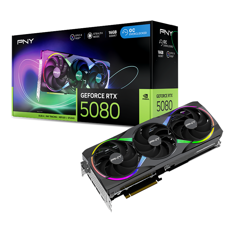 PNY GeForce RTX 5080 ARGB EPIC-X RGB OC Triple Fan 16GB GDDR7 Graphics Card, Display Outputs: 3 x DisplayPort 2.1b, 1 x HDMI 2.1b, Recommended Power Supply: 850W, Power Input: 16-Pin - VCG508016TFXXPB1-O