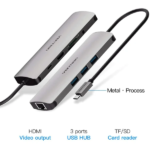 Vention USB-C Multifunctional 9-in-1 Docking Station to HDMI/USB 3.0x3/RJ45/SD/TF/TRRS 3.5mm/PD 0.15M Gray Aluminum Alloy Type (TQLHB)
