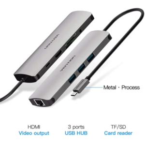 Vention USB-C Multifunctional 9-in-1 Docking Station to HDMI/USB 3.0x3/Rj45/SD/TF/TRRS 3.5mm /PD Docking Station 0.15M Gray Aluminium Alloy Type